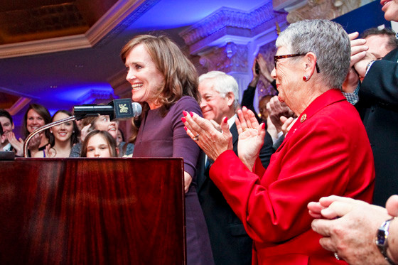 Kathleen Rice, who was running to replace Carolyn McCarthy, right, spoke to her supporters Tuesday Night after she was declared the victor in her race with Bruce Blakeman.