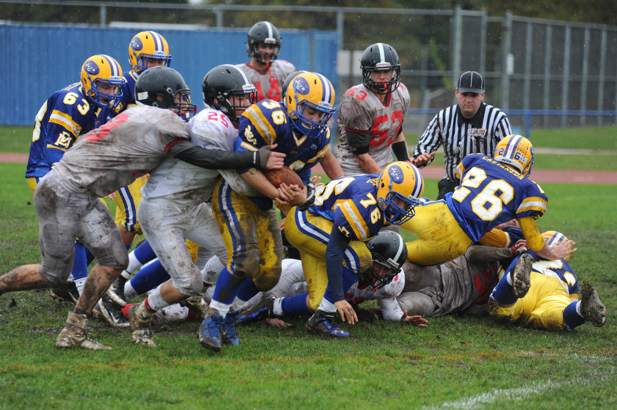 The Jets prevailed in the muddy conditions over Syosset, 44-0.