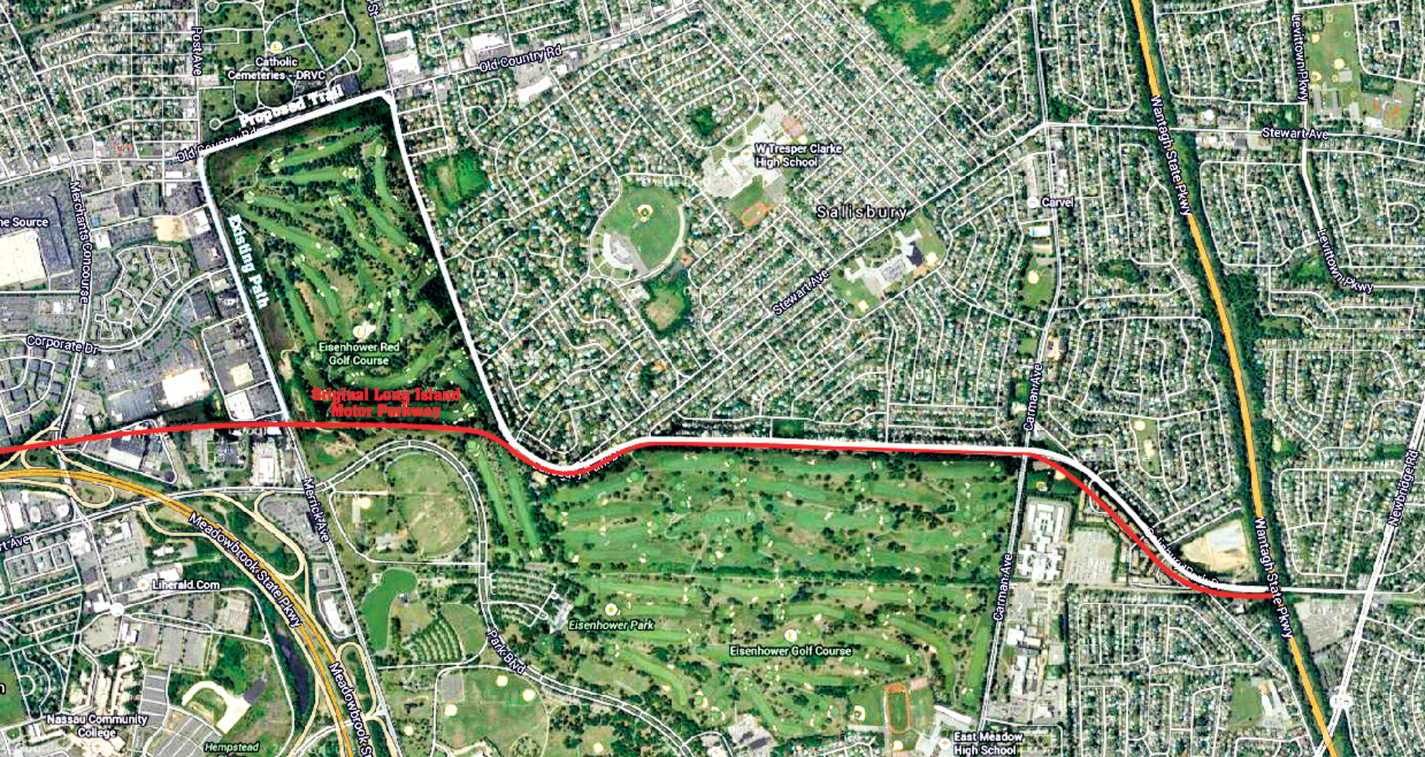 The proposed trail will closely follow the historic Long Island Motor Parkway along Salisbury Park Drive, circling around Eisenhower Park and continuing southeast towards the Wantagh Parkway.