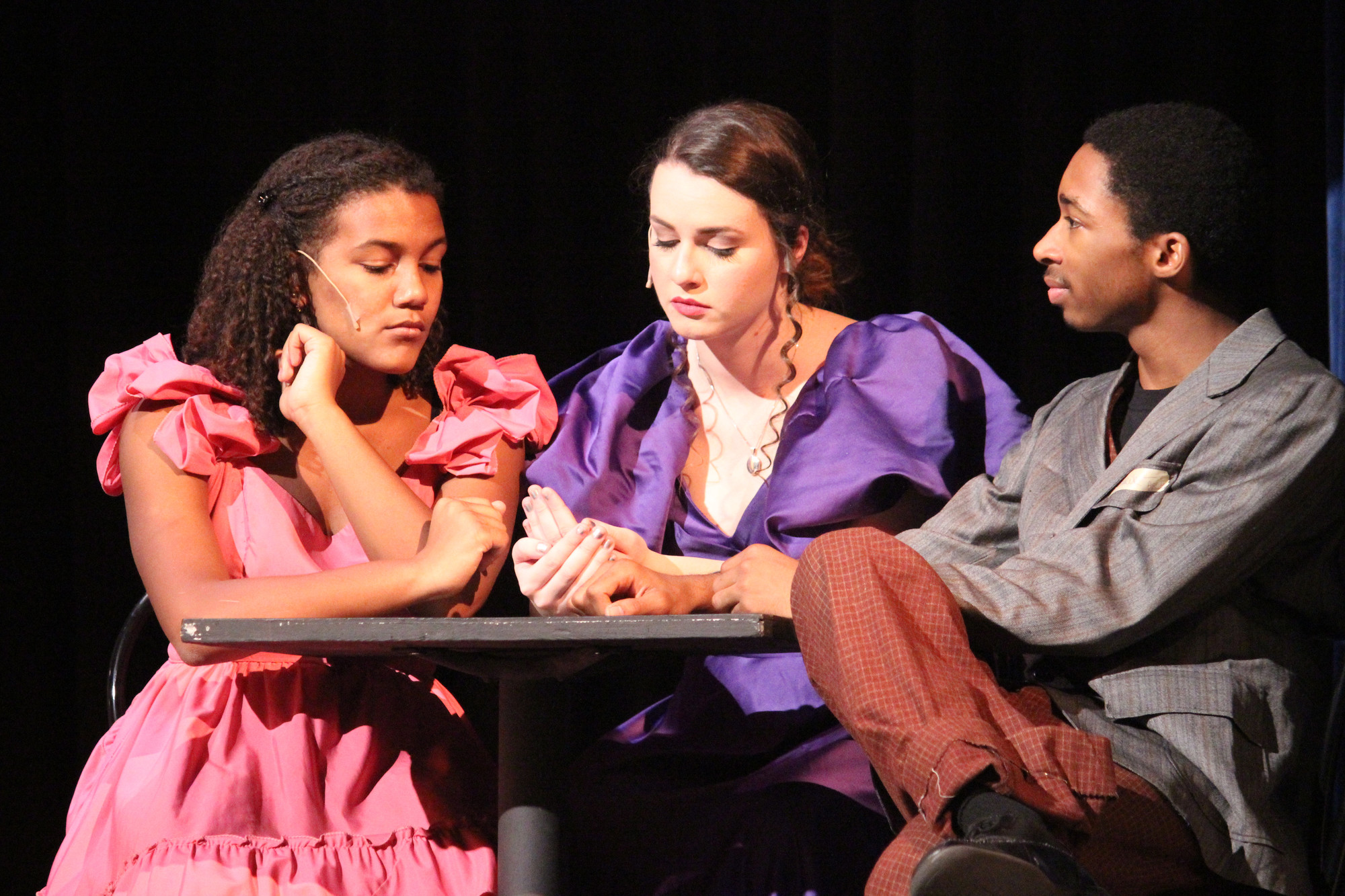 Sophomore Daelynn Jorif, left, Junior Audrey Wilson, center, and Senior Malik Somers played Minnie Fay, Irene Molloy, and Cornelius Hackl during this scene of Hello, Dolly!