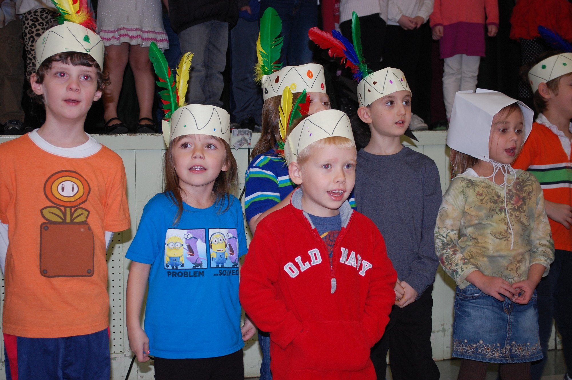 Before enjoying a feast, Lee Road School kindergarten students sang a few seasonal songs for their parents while dressed as Pilgrims and Native Americans.
