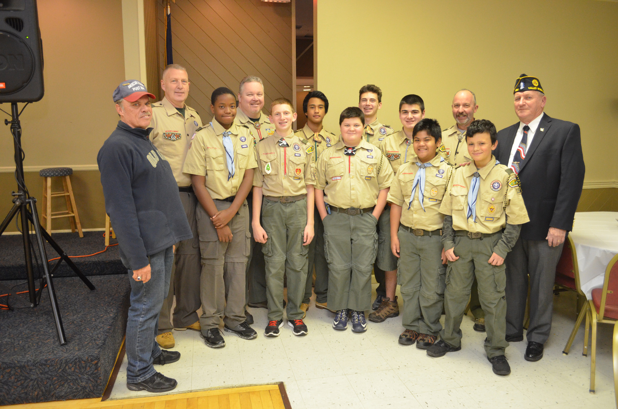Boy Scout Troop 116 with Commander George Schuchman, Committee chair Patrick Burke, Assistant Scout Master Terry Eaton and Commander David Glaittli.