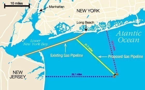This image from Liberty Natural Gas’s website shows where the company wants to build a liquefied natural gas terminal in the Atlantic Ocean. The company would need to lay 21.7 miles of subsea pipeline to connect its terminal to the existing Transco Lateral, which extends from New Jersey to Long Beach.