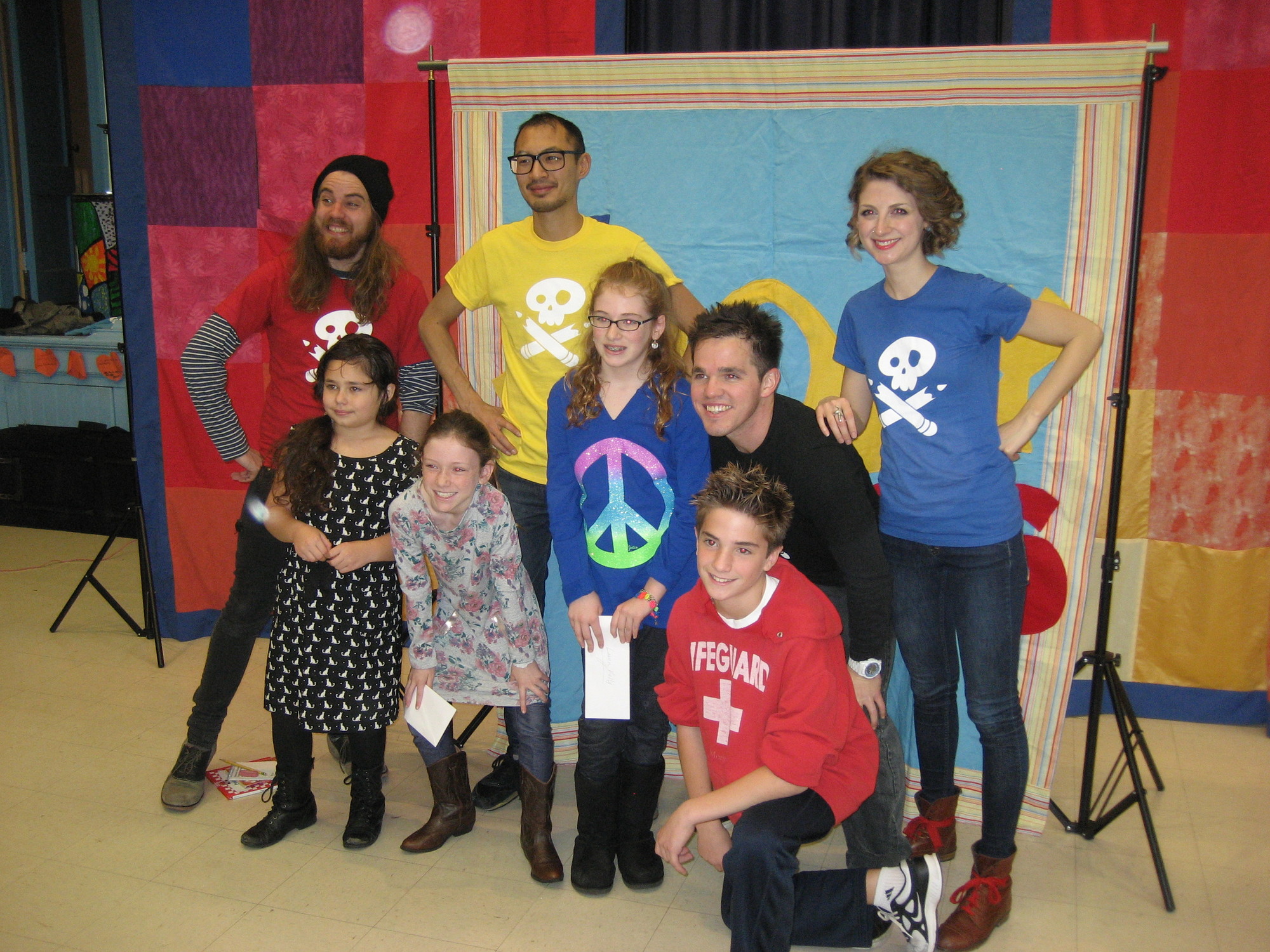 Student Authors Gabriella Folk, Shannon Monaco, Lauren Kelly, and Michael Mistretta with The Story Pirates.
