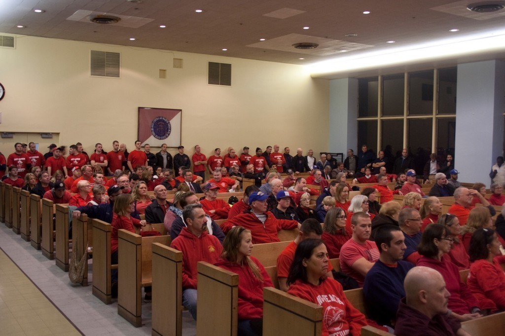 Supporters of Local 287 turned out in force at Tuesday’s City Council meeting, where they called on the city to maintain five firefighter positions.