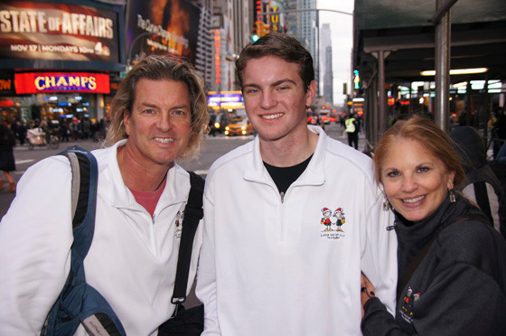 Little Saint Nick Ray Mohler, center, with Raymond Mohler Sr., left, and volunteer Debbie Best in Time Square getting ready for the big event.