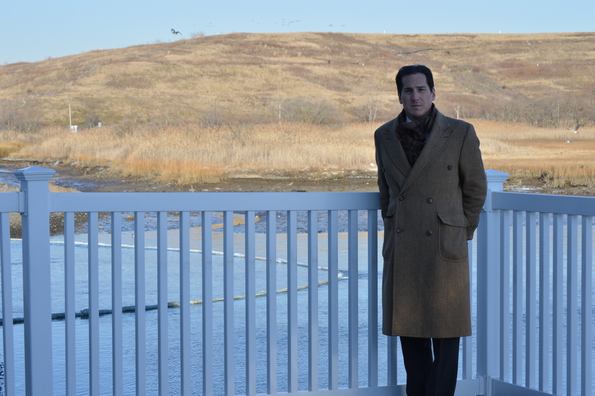 State Assemblyman Todd Kaminsky inspected the area where dead fish were found floating in the waters around Barnum Island.