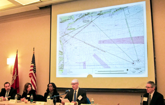 A representative of Tetra Tech, Inc., the contractor that prepared Port Ambrose’s Draft Environmental Impact Statement; Jodi McDonald, chief of the Army Corps of Engineers New York District Regulatory Branch; Yvette Fields, director of the Maritime Administration Office of Deepwater Ports and Offshore Activities; Curtis Borland, acting chief of the U.S. Coast Guard Deepwater Ports Standards Division; and Bill Olsen, a professional facilitator, sat at the meeting’s dais.