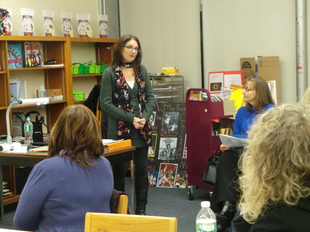 Renee Haber, a social worker for Child Abuse Prevention Services on Long Island, addresses the West Hempstead SEPTA at the Cornwell Avenue School last week.