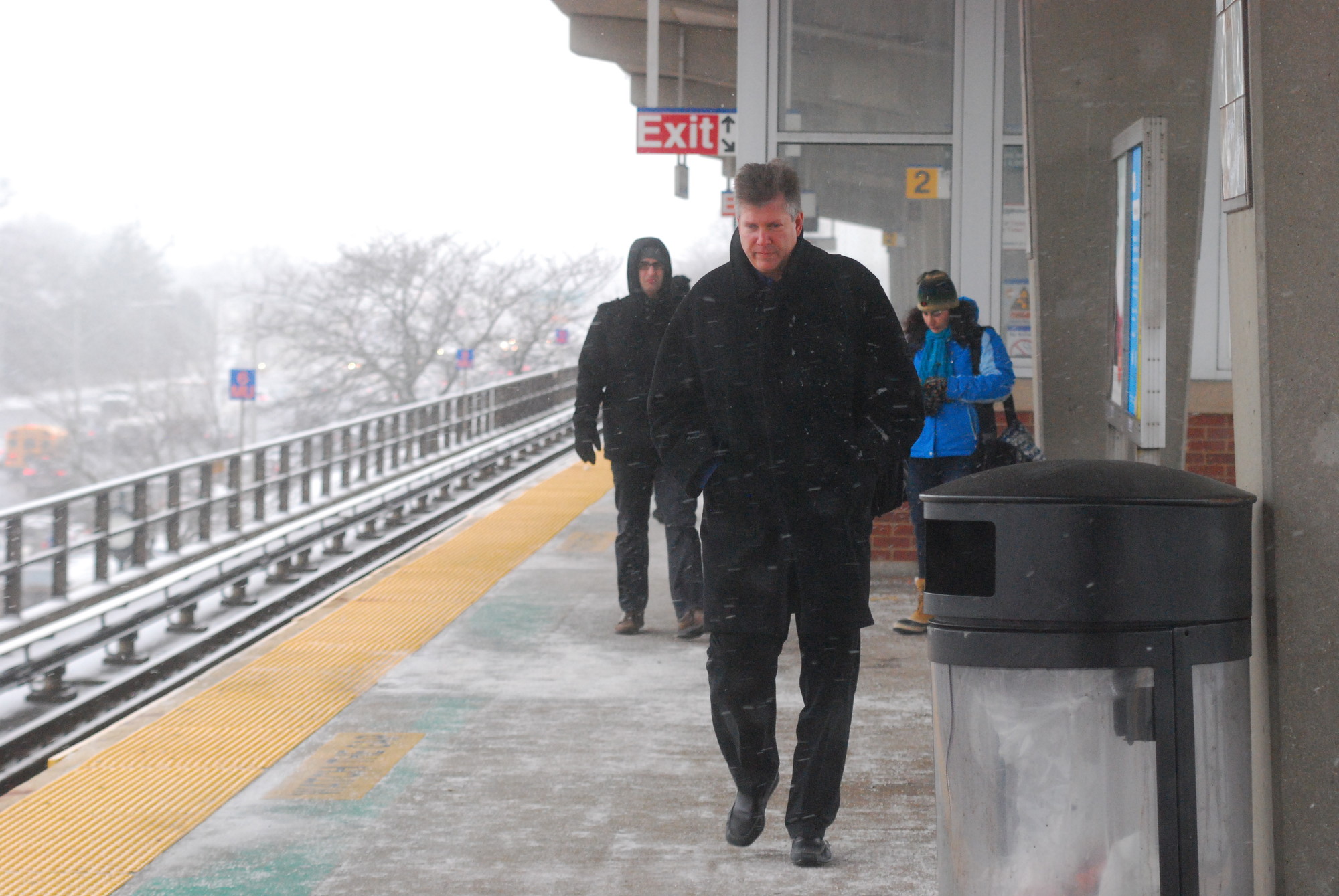 Snow started to fall early on Monday morning. By Monday evening, blizzard conditions were expected across Long Island. Above, commuters at the Merrick Long Island Rail Road station at 8 a.m. on Monday.