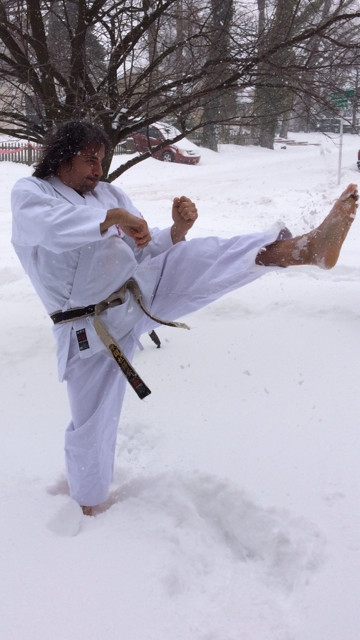 Sensei Kato Peragine, owner of Shunato Karate, located at 2394 Grand Avenue, Baldwin, had some fun doing karate in the snow on the front lawn of his Baldwin Avenue house.