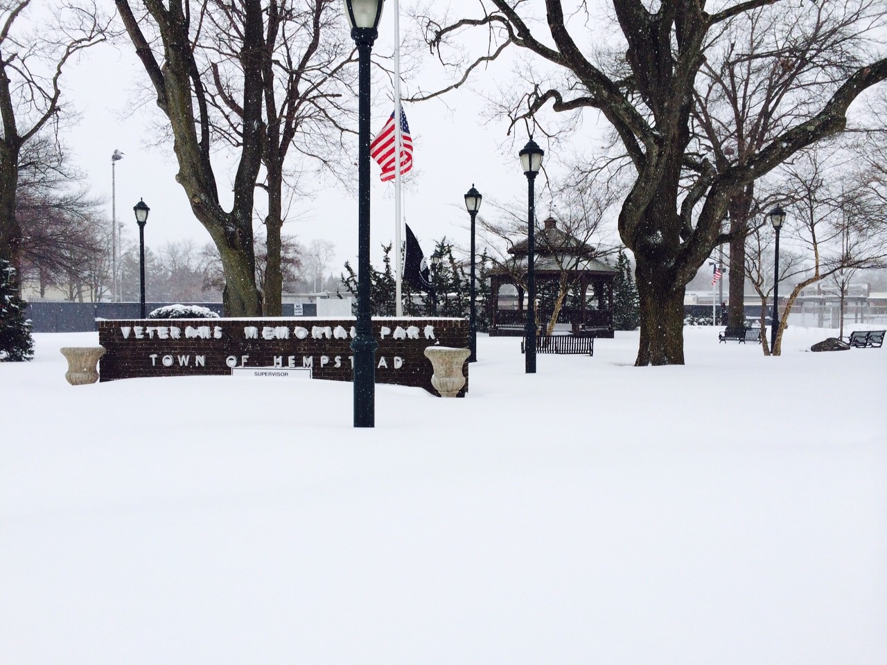 Town Square at Veterans Memorial Plaza, like all town parks, was closed off on Tuesday.
