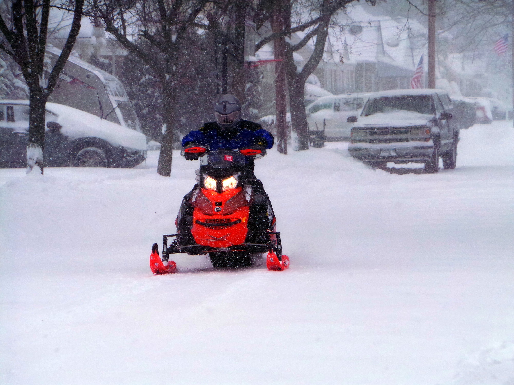 A fast-traveling snowmobile whizzed down Morris Ave. West in Malverne, taking advantage of the ideal weather conditions.