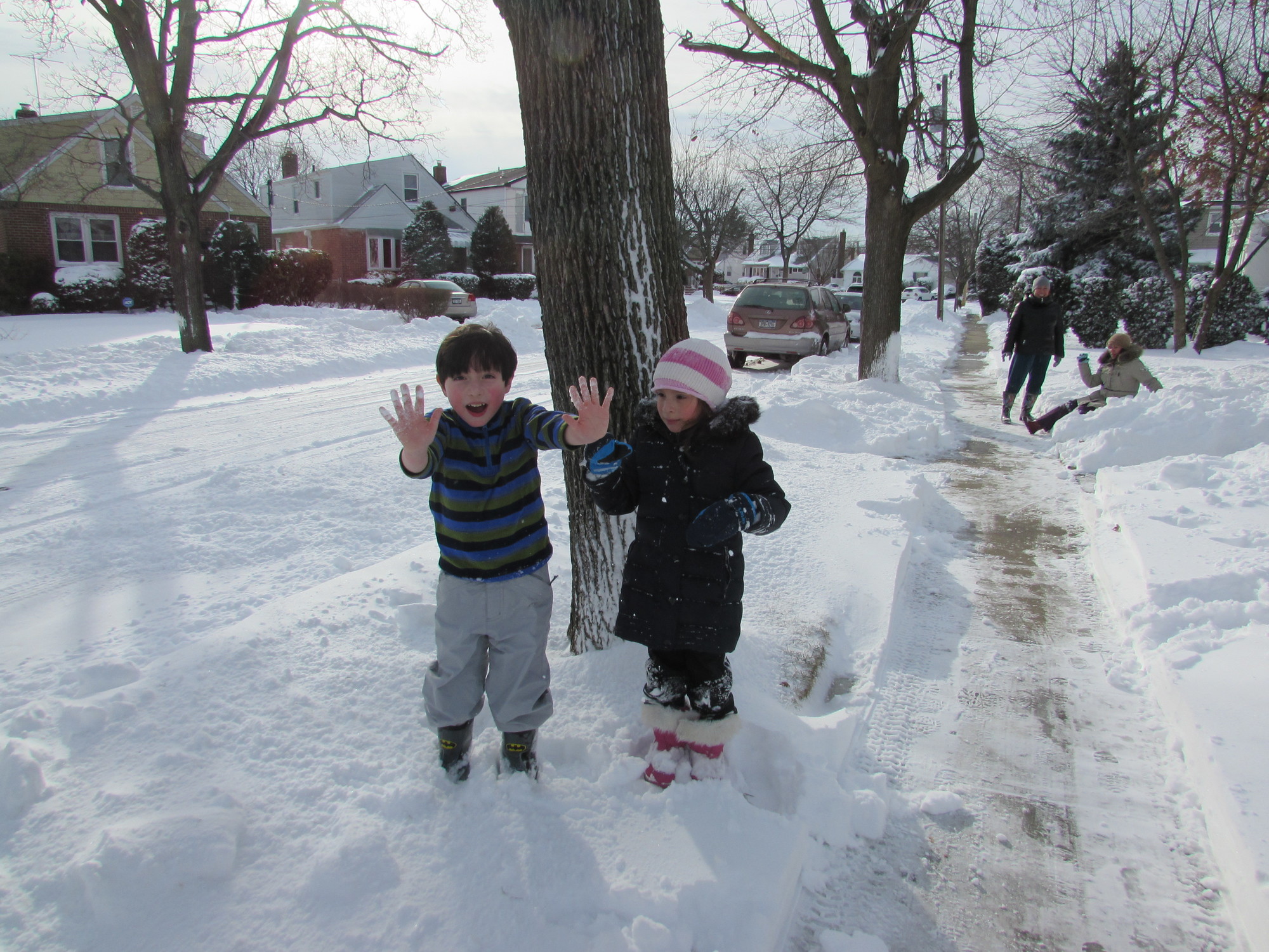 Matthew Sequeria, 5, played in the fresh snow with his cousin, Jamie, 5, who visited from Far Rockaway to celebrate the snow day.