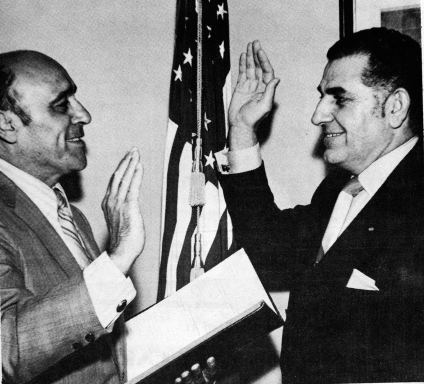 Former Cedarhurst Mayor Nicholas Farina, left, administered the oath of office to Andrew Parise in 1971.