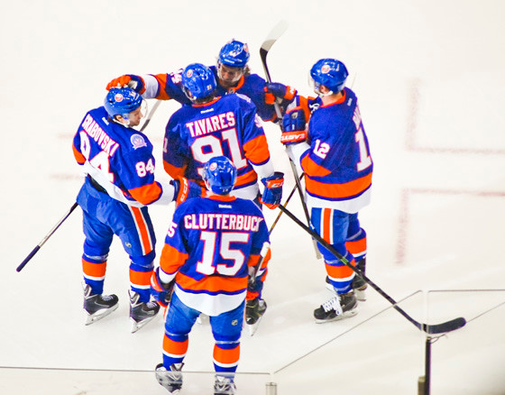 The team celebrated a goal against the Bruins by Tavares, its leading scorer.