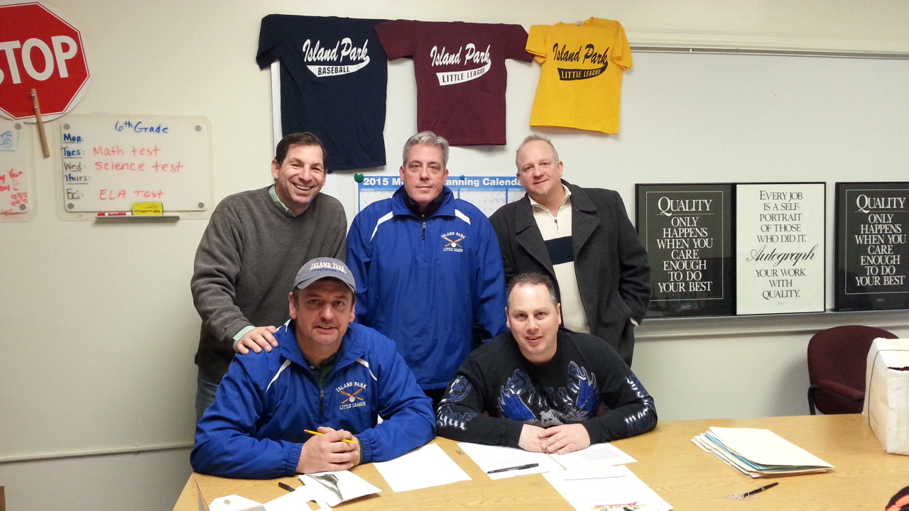 Ready to sign Little League up, back row: Chris Horvath, Jack Vobis, President and Chris Fabris, front row Mark Cantwell and Johnny Cardiello