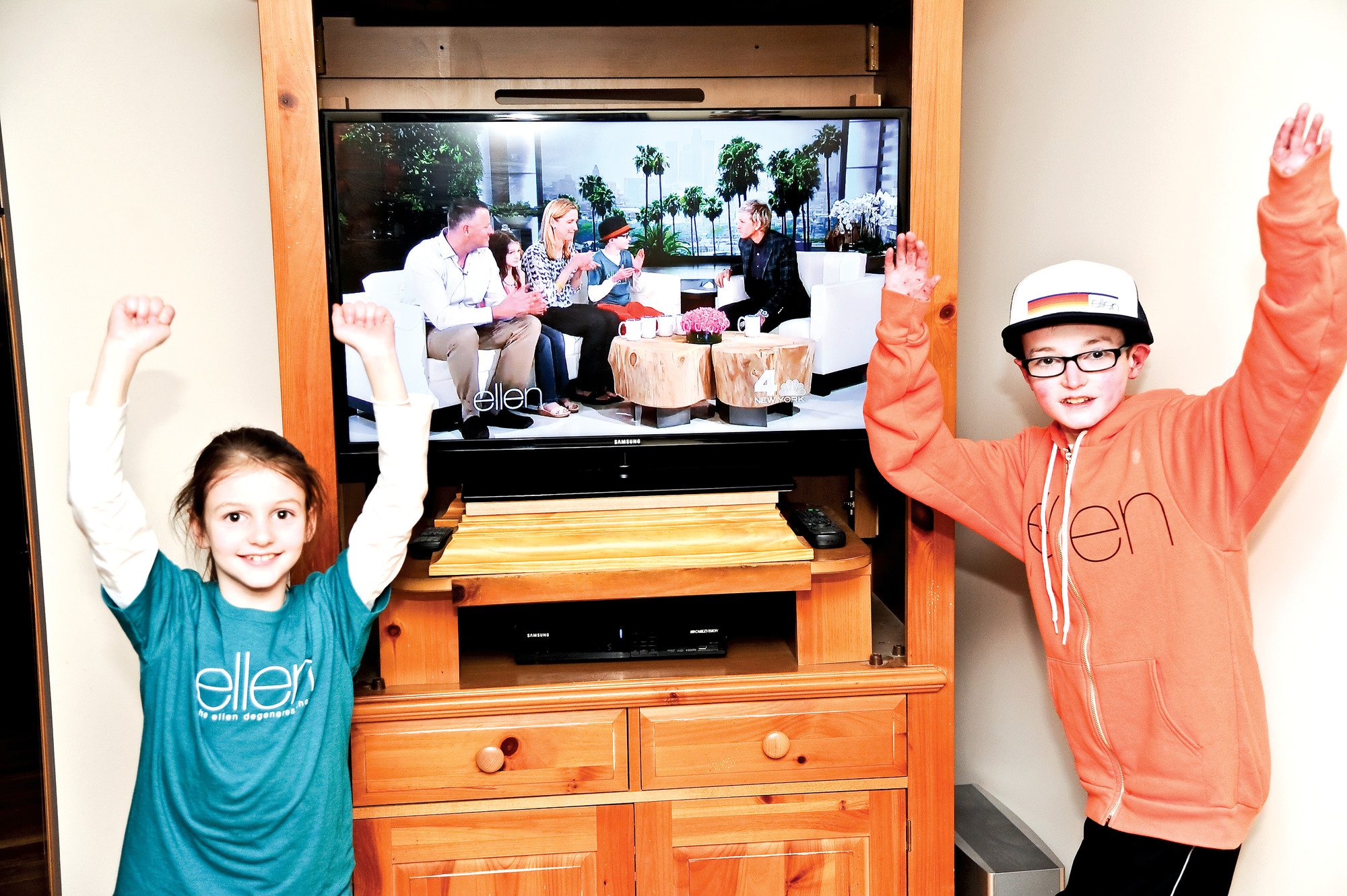 Robbie Twible, 12, and his sister, Allison, 7, celebrated as they watched themselves on “The Ellen DeGeneres Show” on Monday.
