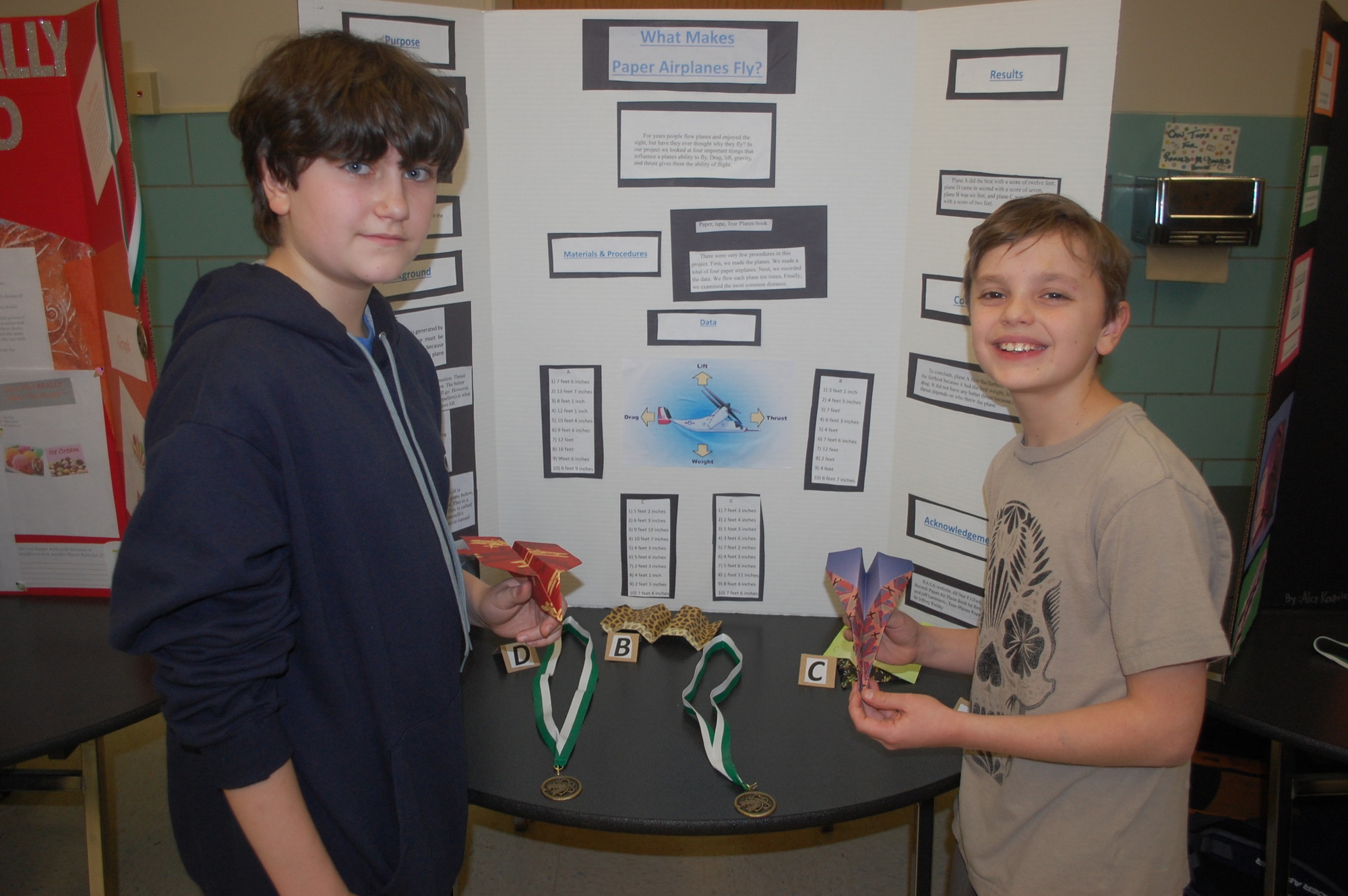 Joseph Randazzo and Andrew Calvacca presented their findings from their paper airplane experiment at Seaford Middle School’s science fair on Feb. 12.