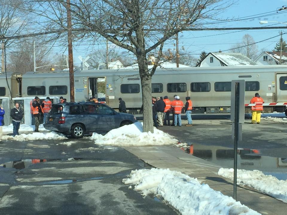 A car was struck by a L.I.R.R. train just west of the Centre Avenue station on Monday afternoon.