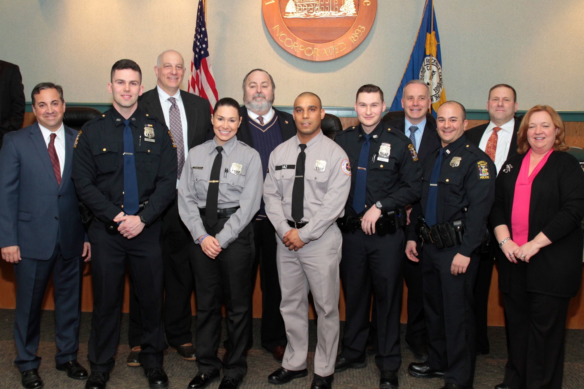 The Board of Trustees congratulated the newly sworn-in officers at the meeting on March 2. Pictured here, from left, are Trustee Michael Sepe, Officer Michael Farrell, Trustee Edward Oppenheimer, Officer Stefanie Balos, Mayor Francis X. Murray, Officer Jerremy Diaz, Officer Nicholas Bamonte, Trustee Emilio Grillo, Officer Kyle Coppola, Police Commissioner Charles Gennario and Deputy Mayor Nancy Howard.