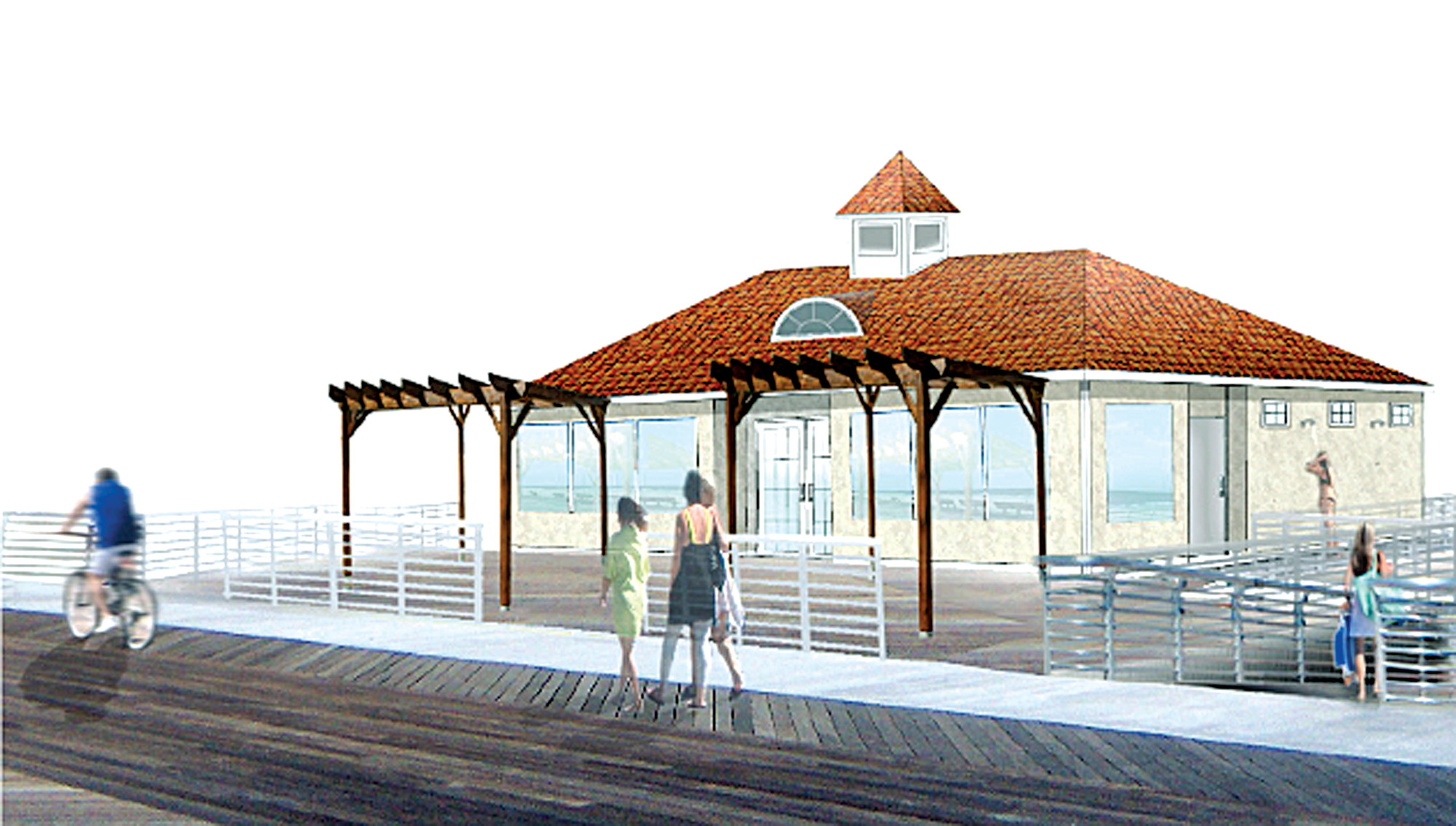 The city presented a rendering of new comfort stations and concessions that will be built along the boardwalk at Riverside, Edwards and Grand boulevards.