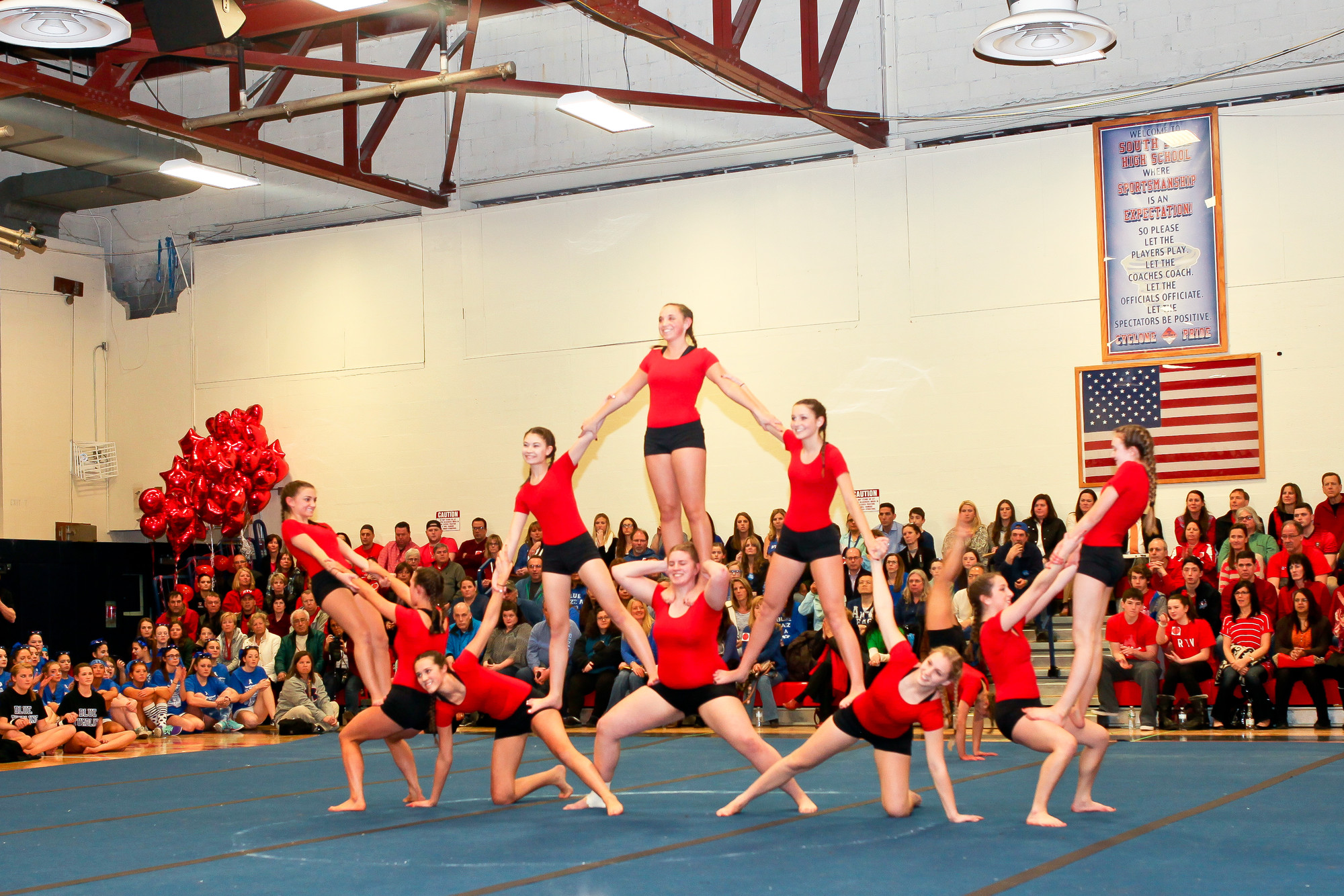 Red Team tumblers formed an impressive human pyramid.