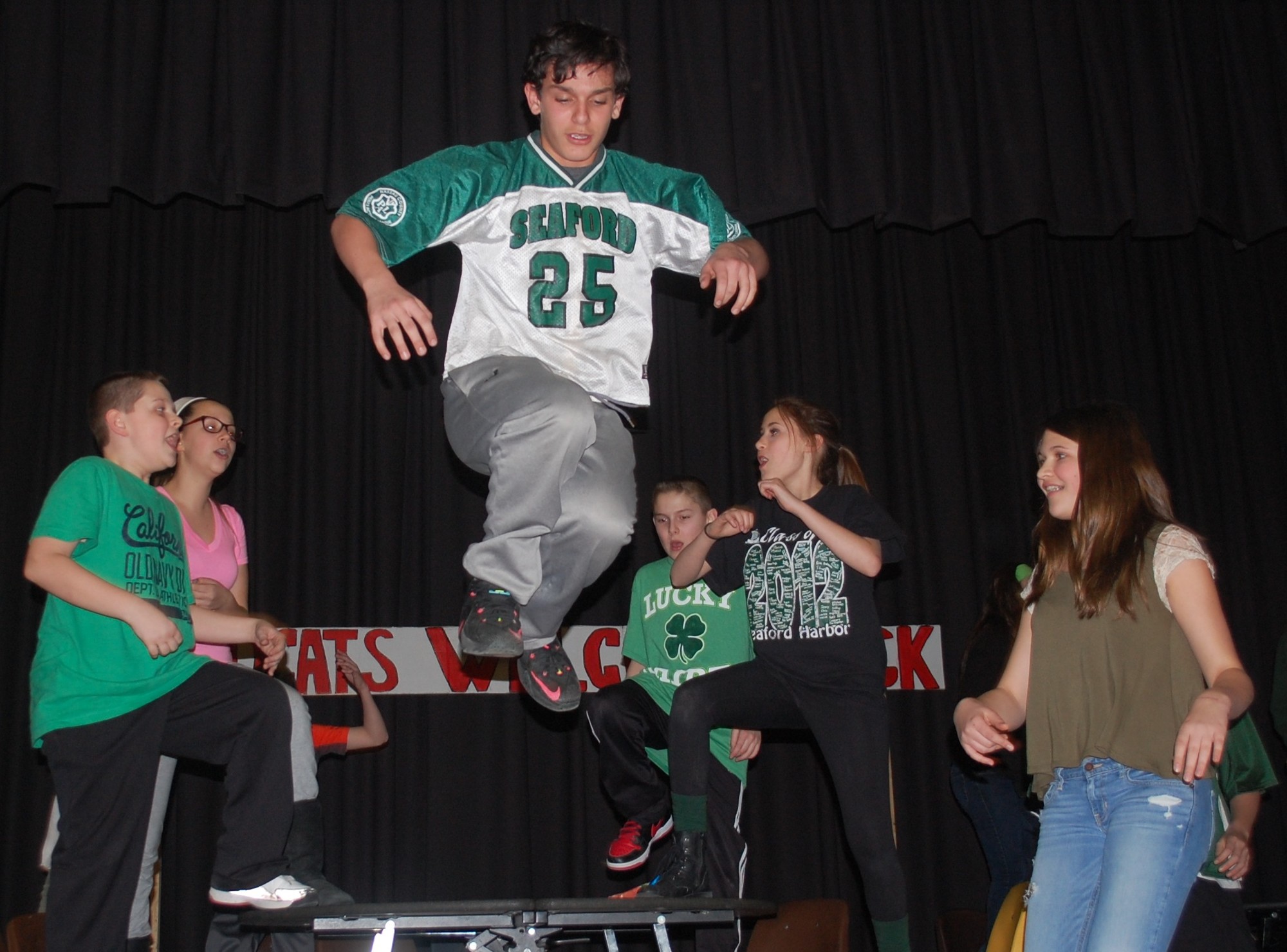 Nick Luciano, who plays Zeke in Seaford Middle School’s upcoming production of “High School Musical,” stuck his landing while practicing a musical number during a rehearsal last week. Performances are this Friday and Saturday nights.