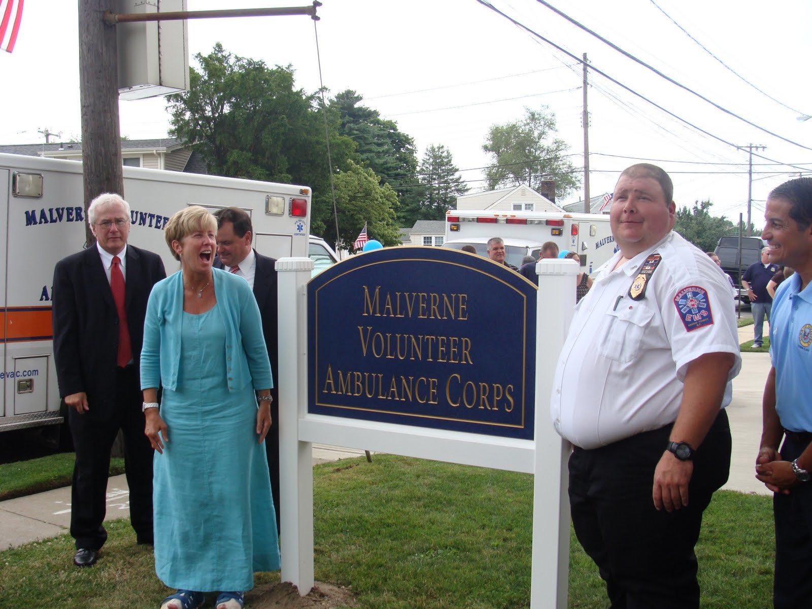 Mayor Patti McDonald, left and past president, Joe Karam, right, at the grand opening of the Malverne Volunteer Ambulance Corps headquarters in 2012.