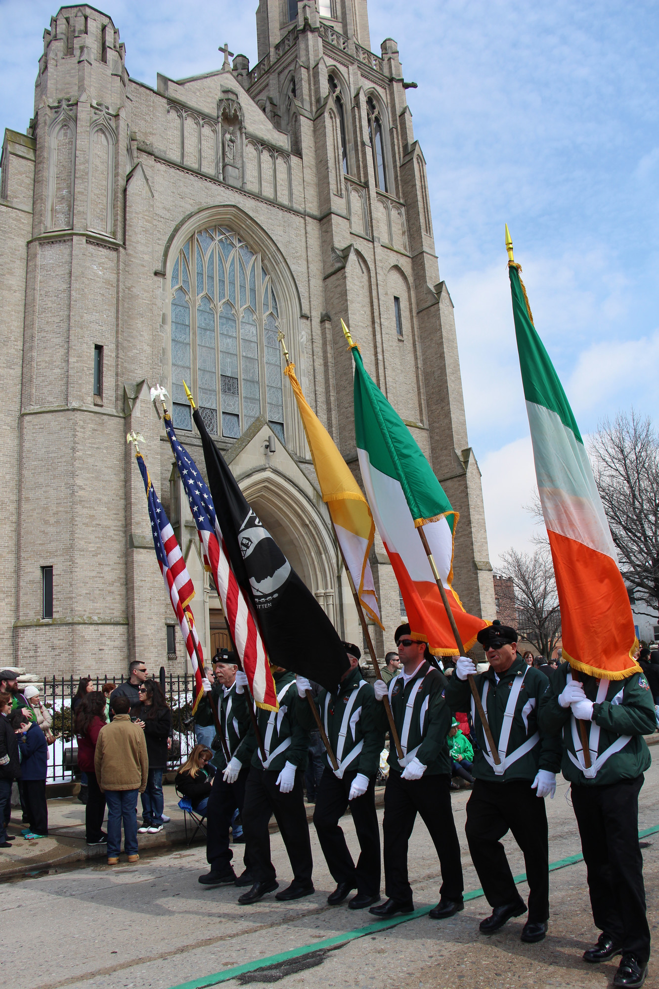 The Color Guard of Division 17 of the Ancient Order of Hibernians carried the American and Irish flags through the streets of Rockville Centre.