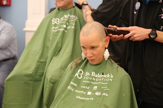 Karen Jahn, a cancer survivor and five-time shavee, raised more than $7,000 for St. Baldrick’s this year.