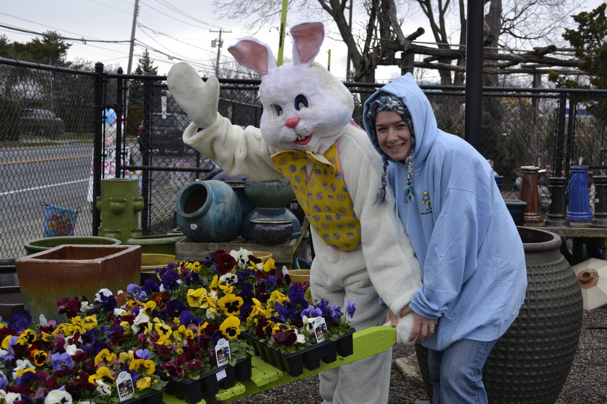 Unseasonably cold weather didn’t stop the festivities at Cipriano Nursery’s annual egg hunt last Saturday, as co-owner Maria Cipriano got reacquainted with a certain seasonal friend.