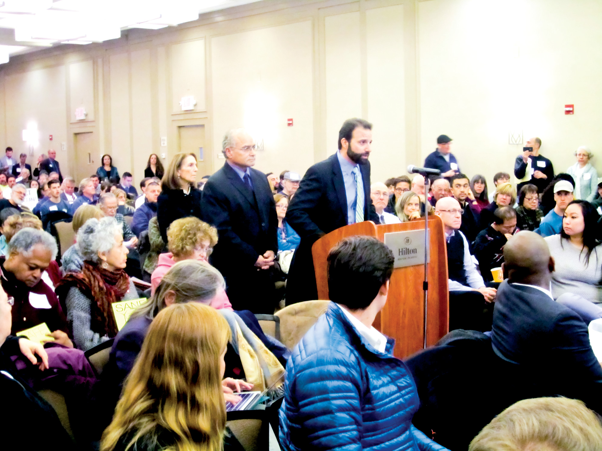 City Council members Fran Adelson, far left, Len Torres and Anthony Eramo spoke in opposition to the Port Ambrose pipeline at a public hearing in January.