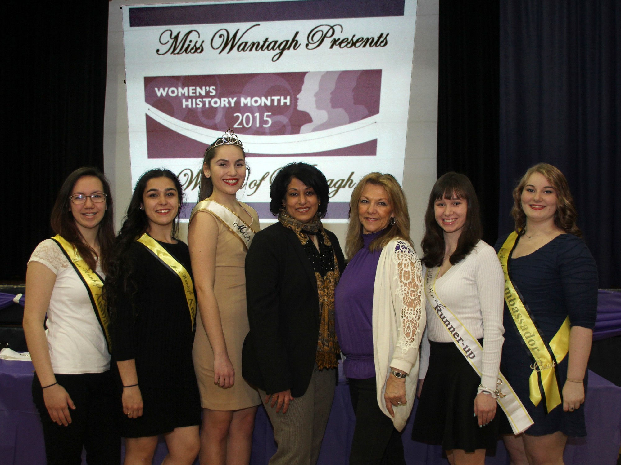 The Miss Wantagh Court hosted its first Women of Wantagh program on March 30 at Wantagh Elementary School, honoring local women of distinction. From left are Nyatasha Jackowicz and Amanda Caso, ambassadors; Miss Wantagh Kayla Knight; Hempstead Town Clerk Nasrin Ahmad, Pageant Coordinator Ella Stevens; Christine Parola, second runner-up and Tylar Banedetto, ambassador.