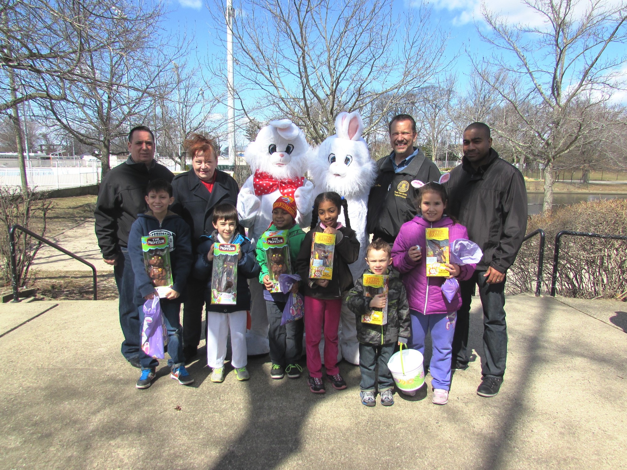 In the back, from left, are Trustee John Tufarelli, Elks member Anitra Butler, Mr. and Mrs. Easter Bunny,  Mayor Ed Fare and Trustee Dermond Thomas. In front are David Berrios, 9, Anthony Sacrone, 6, Hunter Rush, 5, Tamerra Osmani, 7,   Nicholas Abrams, 4, and Isabelle Pimentel, 8.