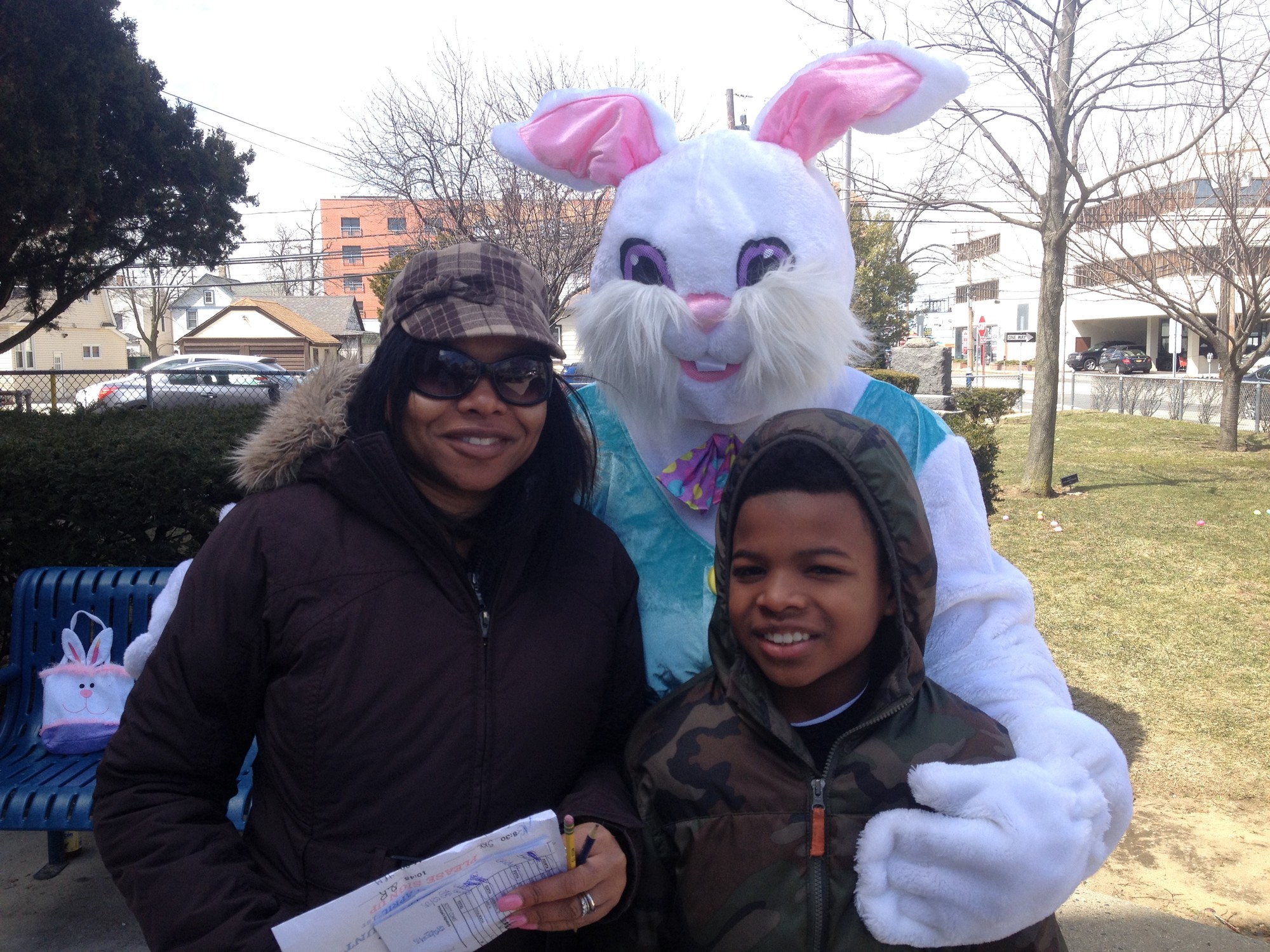 The Easter Bunny with PTA mom Jacqueline Ross and her son Xavier, 9.