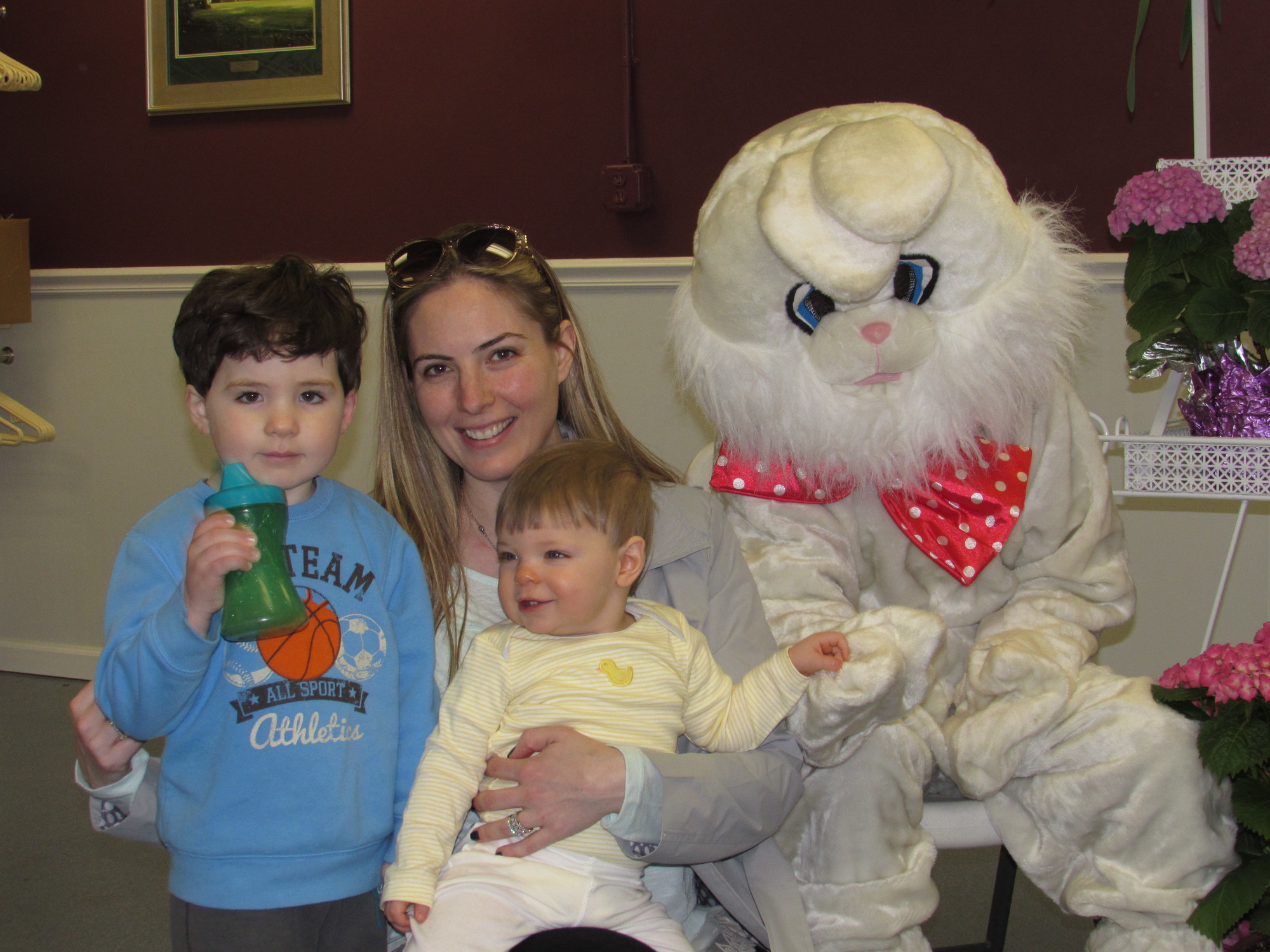 Dana Tozzi visited the Easter Bunny with her children, Colton, 3, and Declan, 10 months.