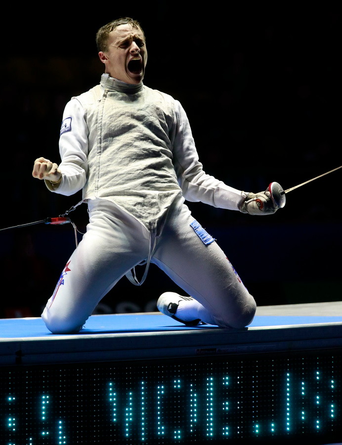 Lynbrook High School junior Sam Moelis reacted when it was announced that he had won a world fencing title. The competition was held in Uzbekistan.