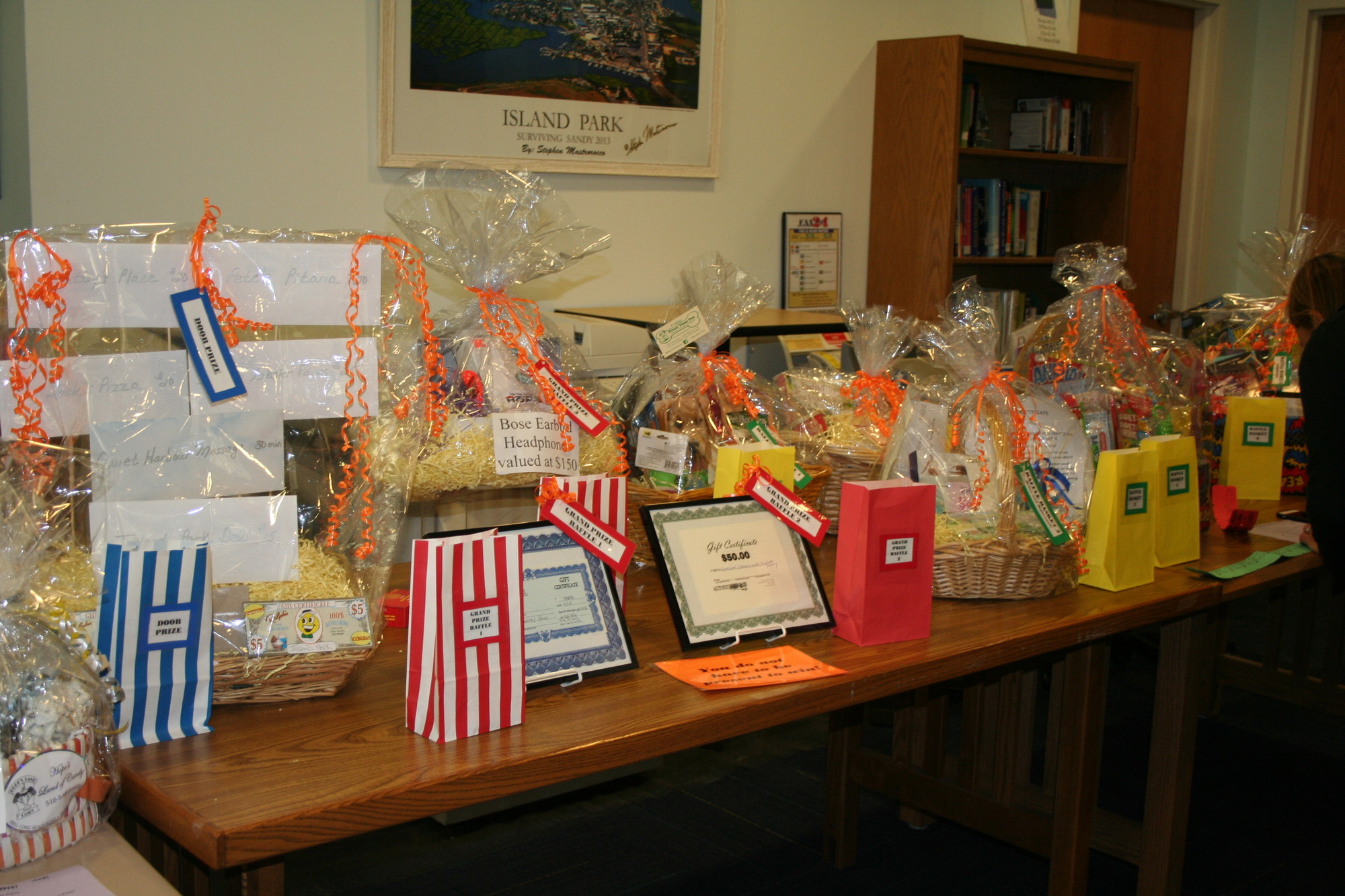 The raffle baskets covered an entire table with goodies.