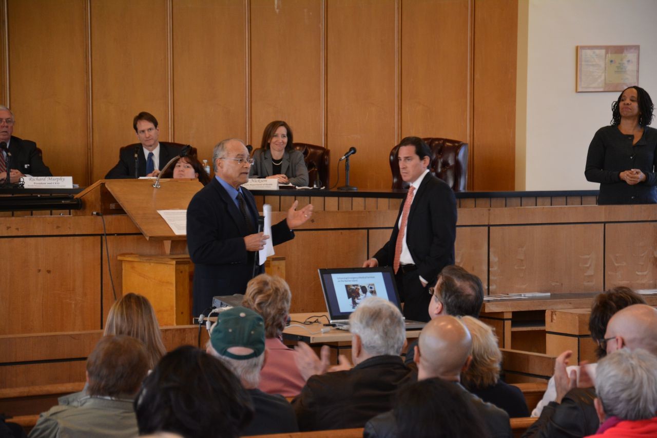 City Council president Len Torres, left, and State Assemblyman Todd Kaminsky addressed the audience.