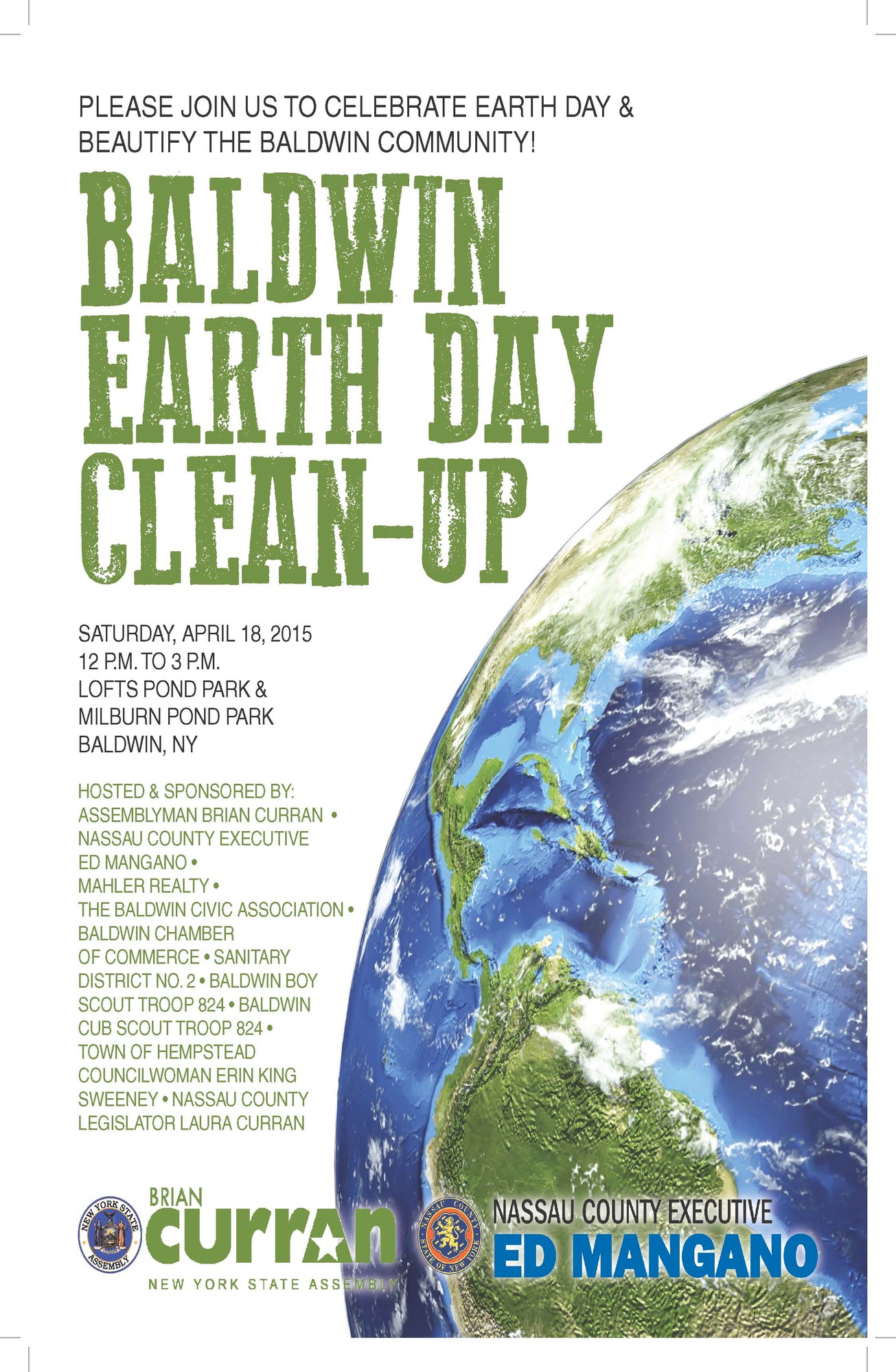 The Earth Day cleanup at Lofts Pond and Milburn Pond parks will take place on Saturday from noon to 3 p.m.