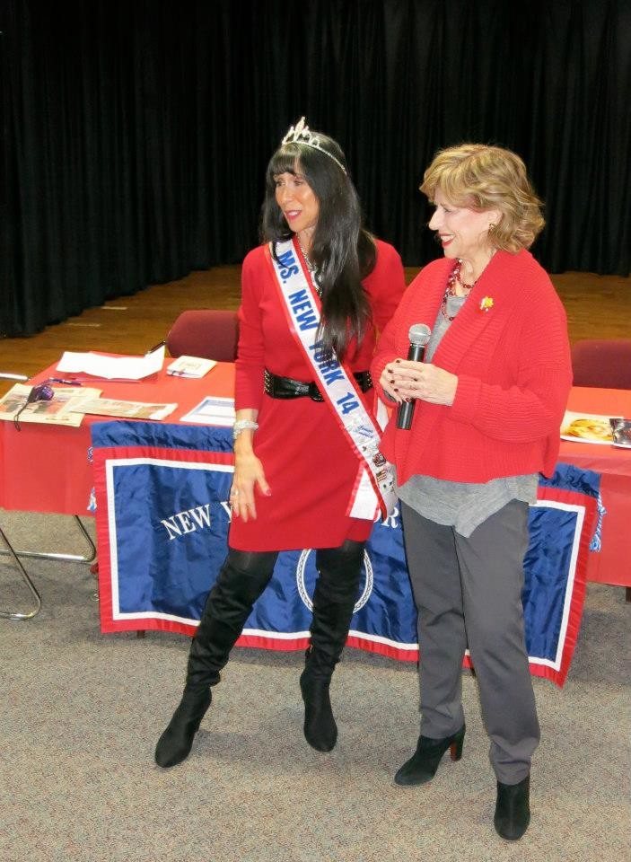 The current Ms. New York Senior America, Jane Rubinstein, left, of Merrick, will be crowning the new queen on May 3. She is pictured with Pageant Director Marleen Schuss, talking to this year’s contestant hopefuls in February.