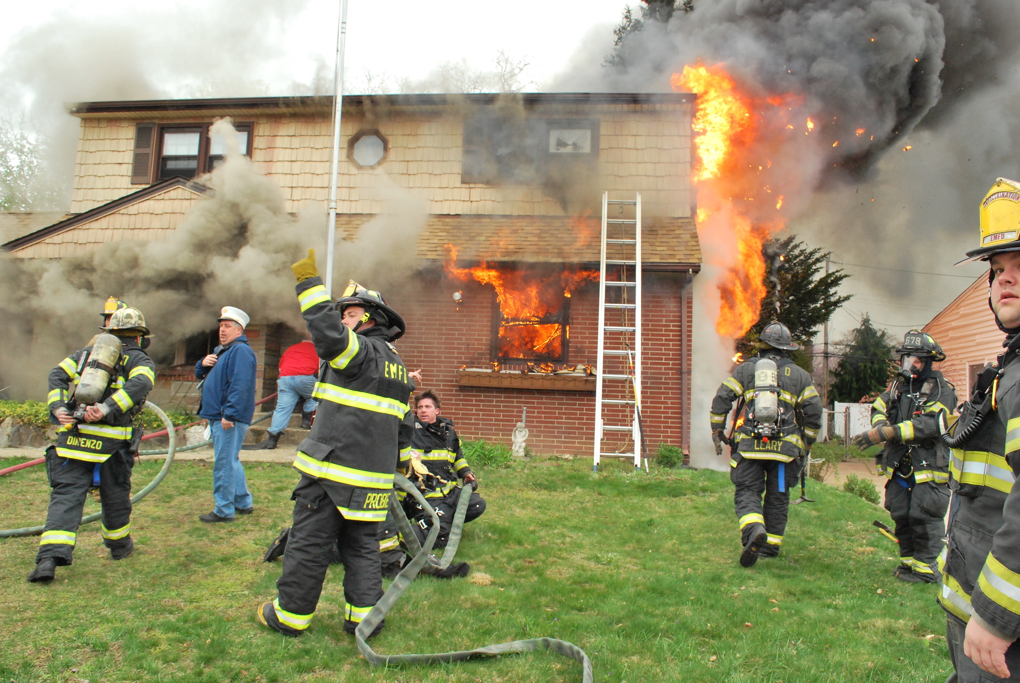 The fire originated in the house's basement and quickly spread to the first and second floors.