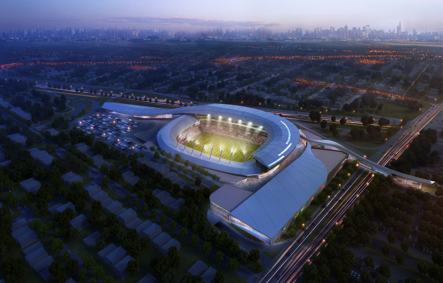An artist’s rendering of the Cosmos’ proposed stadium. The $400 million complex would include a 25,000-seat stadium, a hotel, retail outlets, rest-aurants, a community center and a public park.
