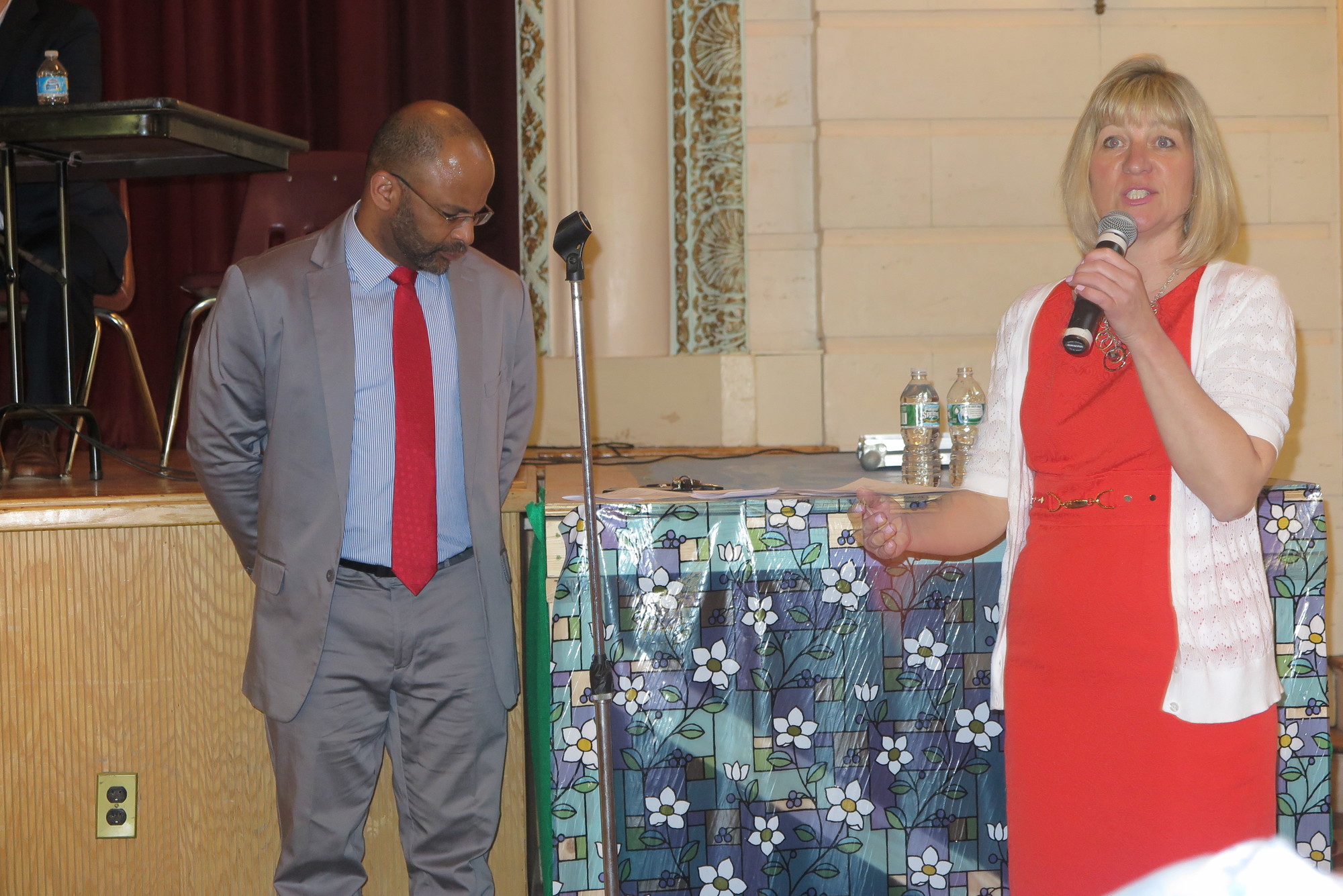Michael A. Jaime, president of the Elmont School District Board of Education, and Laura Ferone, president of the Floral Park-Bellerose school board, moderated the event, asking executives from the Cosmos and the Mattone Group questions about their $400 million proposal.