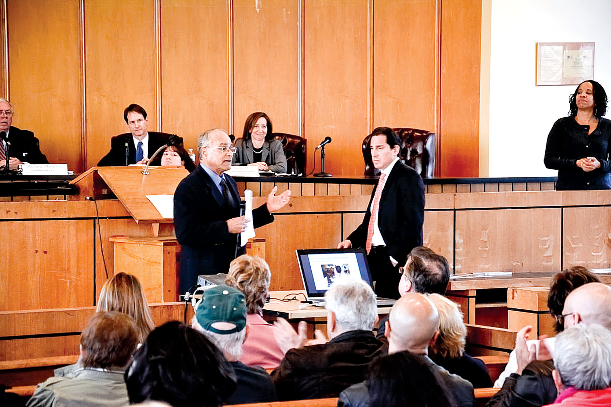 City council President Len Torres, left, and State Assemblyman Todd Kaminsky at last month’s public forum with representatives of South Nassau Communities Hospital and the state Department of Health.