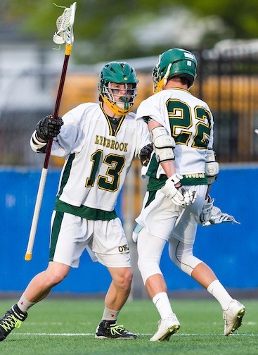 Lynbrook's Quentin Herrmann, left, and Zach LoCicero celebrate one of LoCicero's four goals in its 10-3 quarterfinal playoff win over Wantagh.