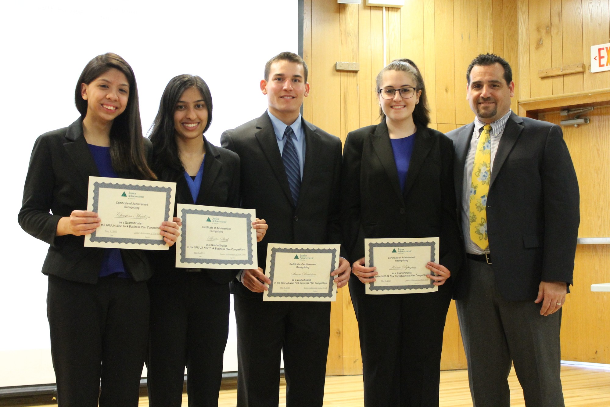 Team PinPoint included students Christina Mendoza, Binita Shah, Steven Davidson, and Karen Papazian. The group earned first place at the May 8 school round. They were pictured with Pavia, at right.
