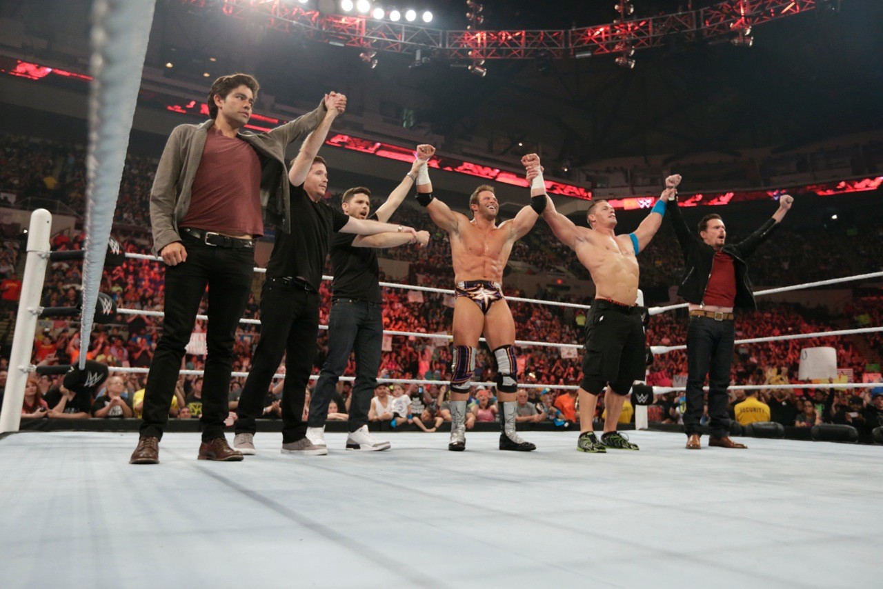 Ryder was featured prominently at the WWE’s last show at Nassau Veterans Memorial Coliseum on Memorial Day, with the cast of “Entourage” cheering him on in his U.S. championship match against the world-renowned John Cena, second from right.