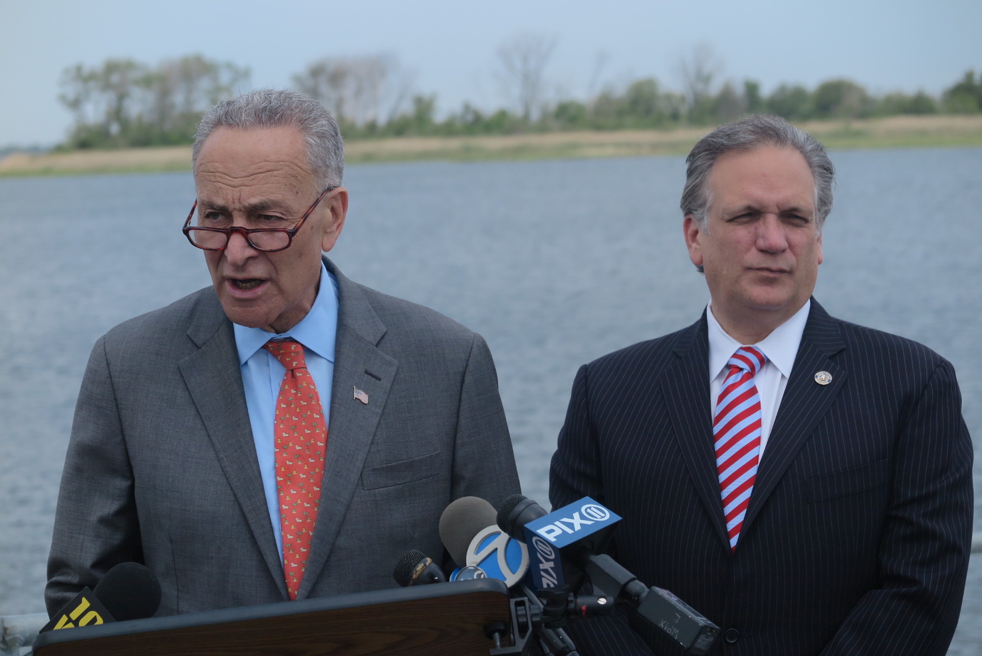 U.S. Sen. Charles Schumer, left, was joined by Nassau County Executive Ed Mangano on Monday when he called on Albany to allocate federal funding for a new outfall pipe for the Bay Park Sewage plant.